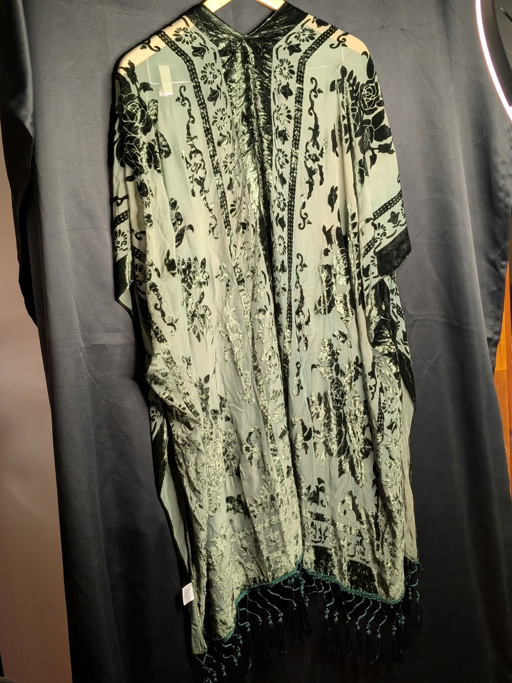 Green Velvet Burnout Floral Kimono Duster Tassel Fringe - Picture 4 of 4